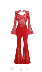 Flowering Girl Women lace-embellished trumpet sleeve jumpsuits in red