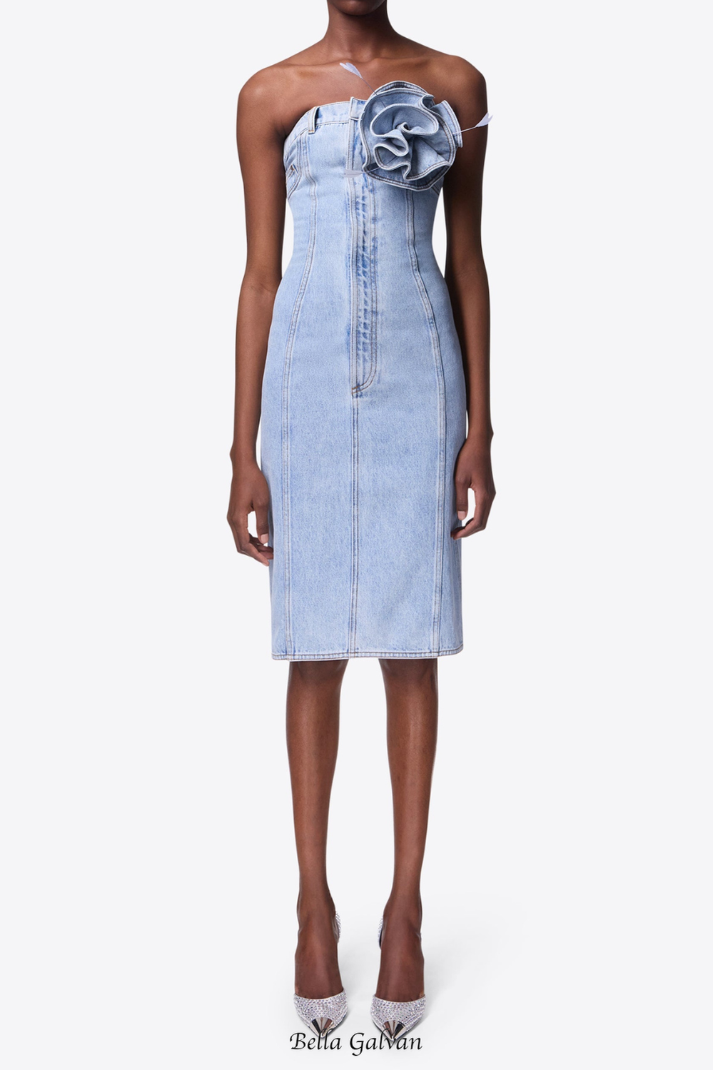 flower corsage strapless midi dress in light wash blue