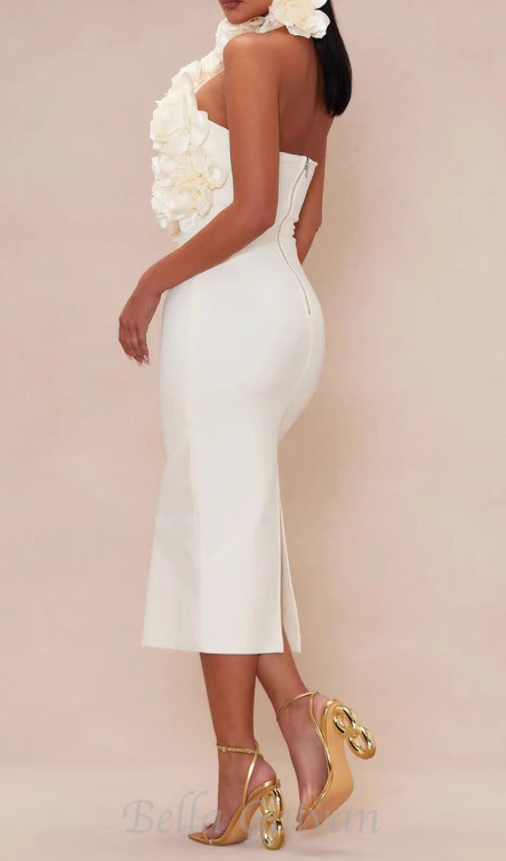 Flowering Girl Women flower bandage midi dress in white