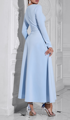 Flowering Girl Women long sleeve satin a-line maxi dress in blue