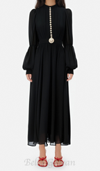Flowering Girl Women Lantern sleeve silk midi dress in black