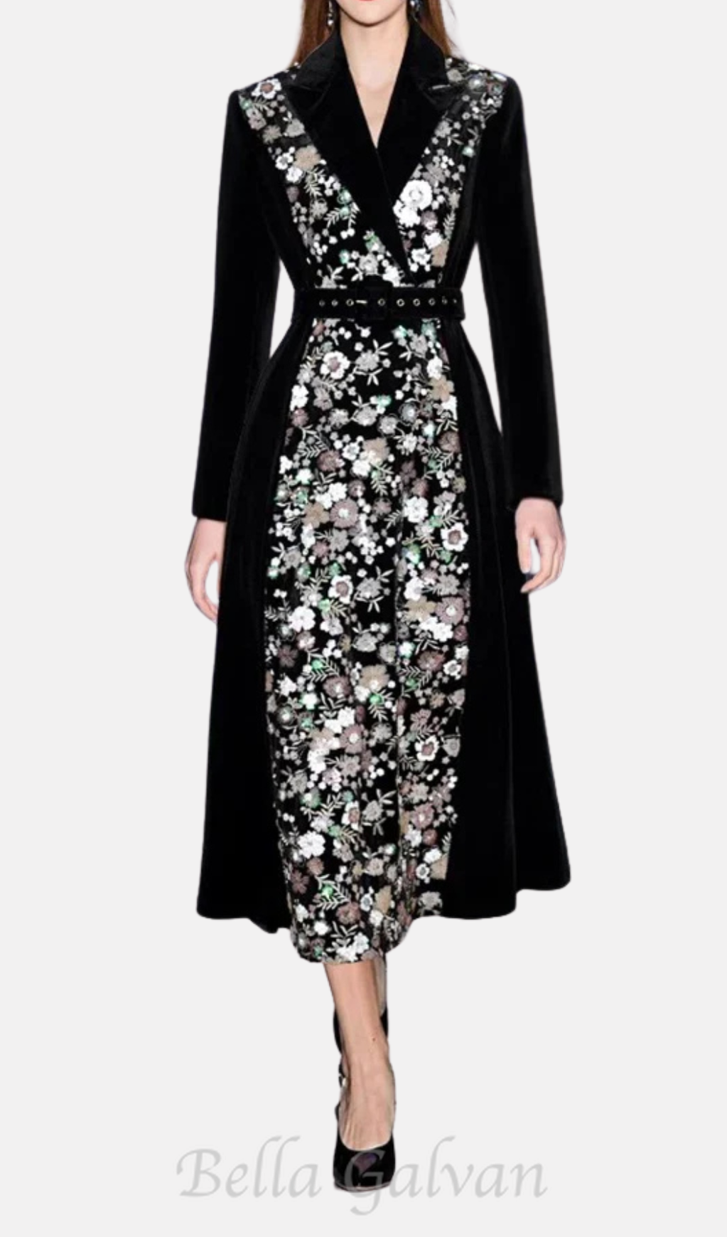 Flowering Girl Women Sequin Embroidered Velvet midi Dress in black