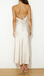 Flowering Girl Women Satin slit Midi Dress in Champagne