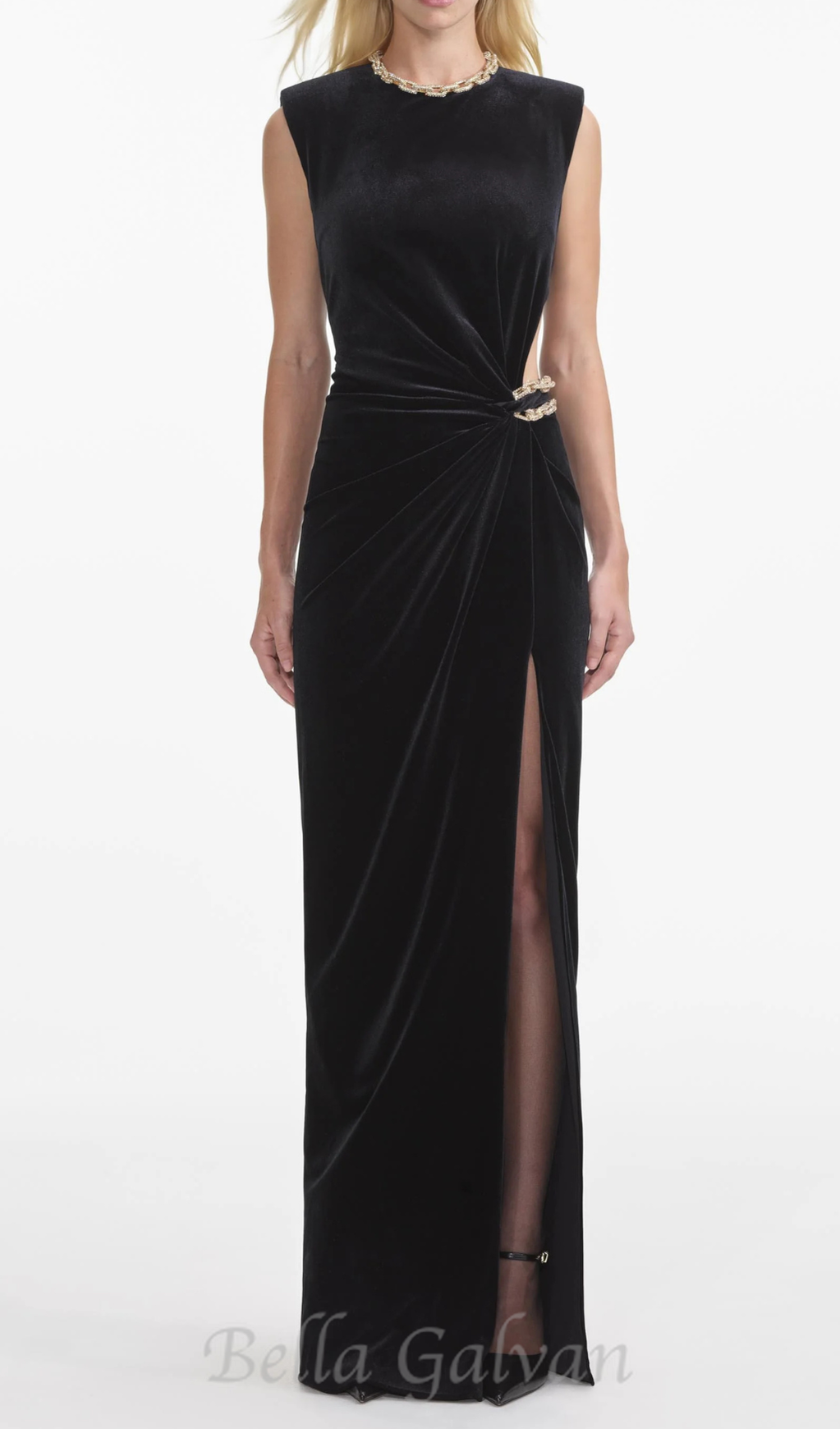 Flowering Girl Women velvet crystal embellished maxi dress in black