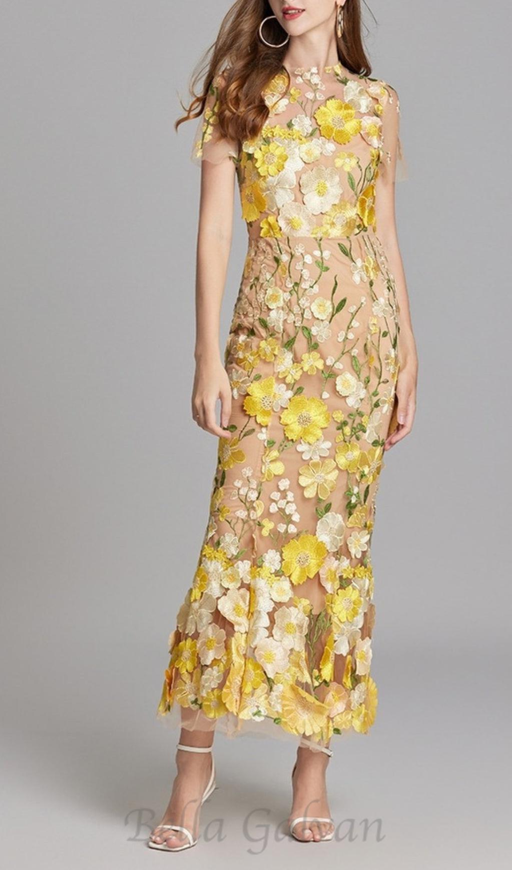 Flowering Girl Women FLORAL EMBROIDERY MESH FISHTAIL MIDI DRESS IN YELLOW