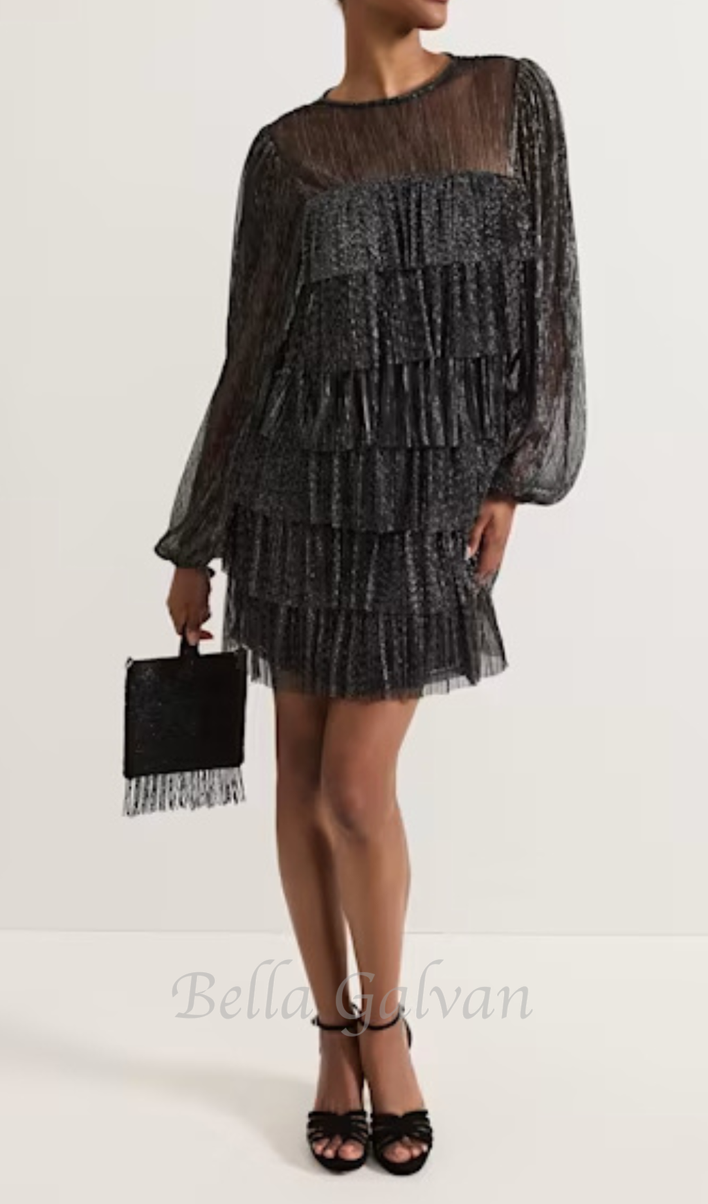 Flowering Girl Women layer chiffon puff mini dress in black