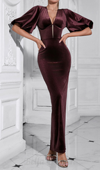 Flowering Girl Women lantern sleeve velvet maxi dress in burgundy
