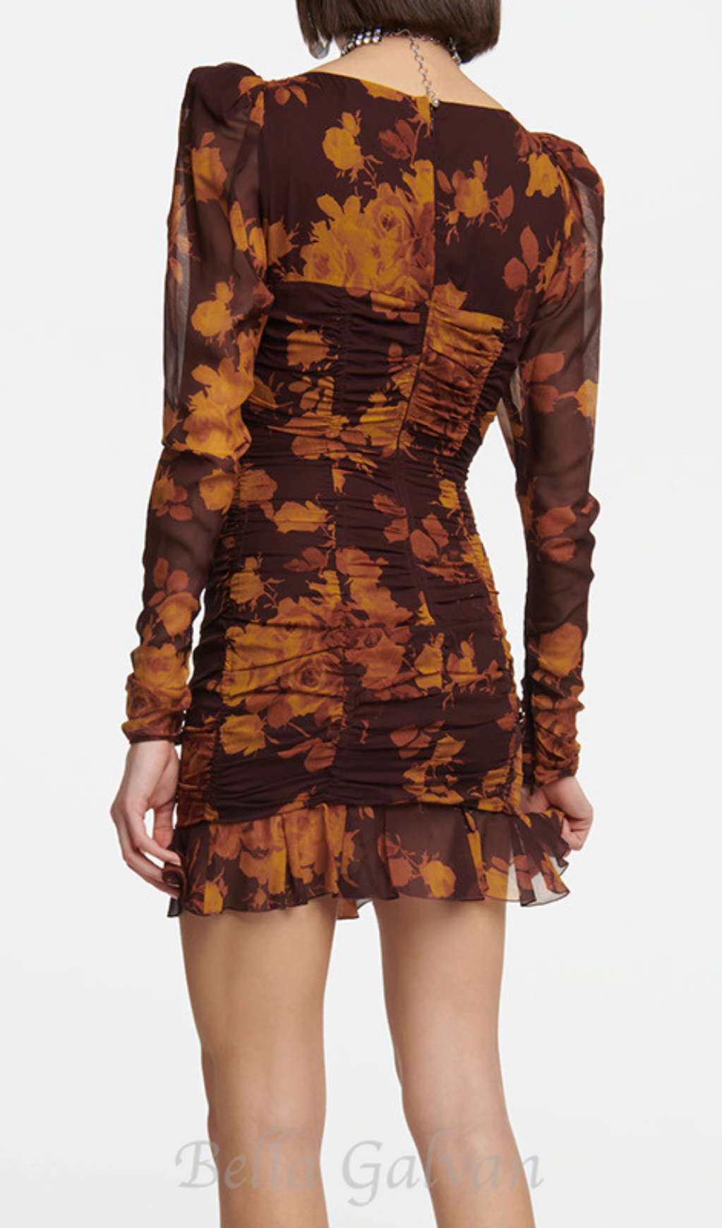 Flowering Girl Women floral print hollow tulle mini dress in brown