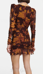 Flowering Girl Women floral print hollow tulle mini dress in brown