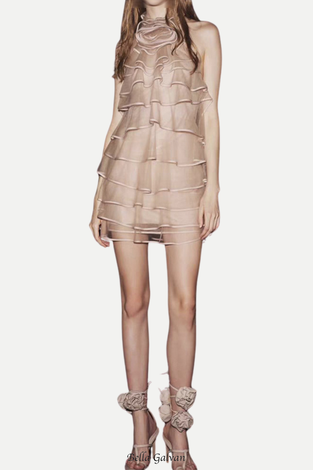 Flowering Girl Women Chiffon Sleeveless Ruffle Mini Dress in khaki