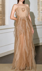 Flowering Girl Women valerie floral ruffled tulle maxi dress in apricot