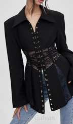 Flowering Girl Women Melany See Through Lace Up Shirt in Black
