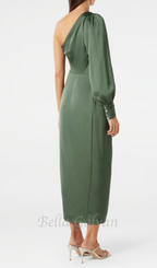 Flowering Girl Women one-shoulder Long Sleeve Midi Dress in green