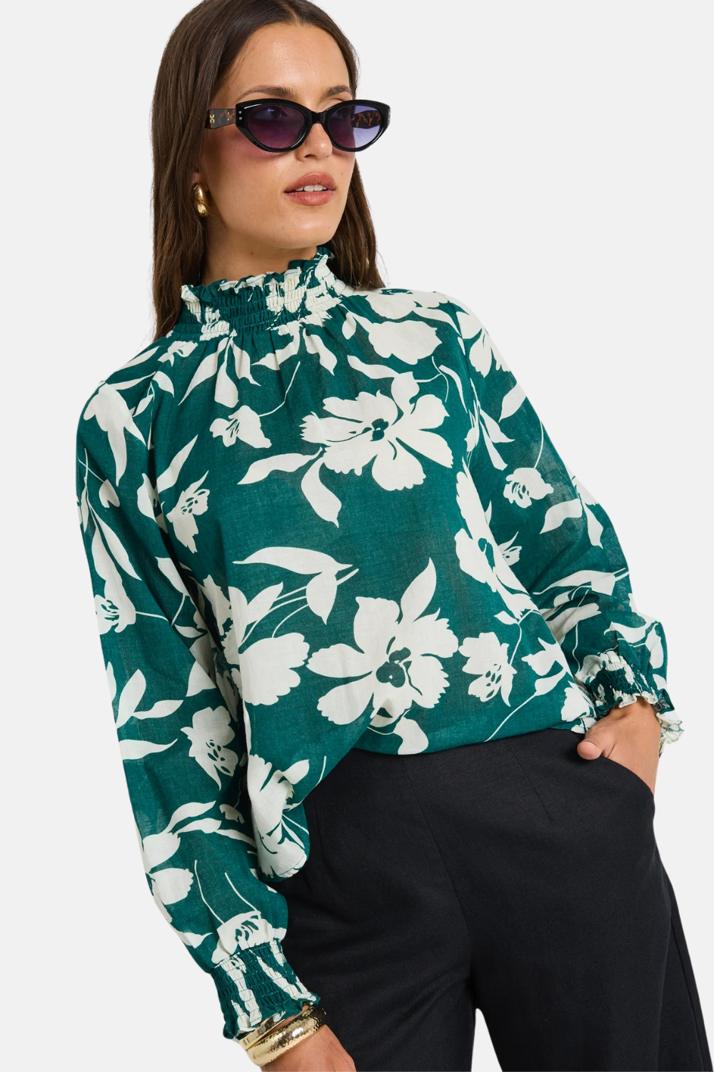 Flowering Girl Women Affection Forest Floral Shirred High Neck Ls Top