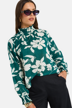 Flowering Girl Women Affection Forest Floral Shirred High Neck Ls Top