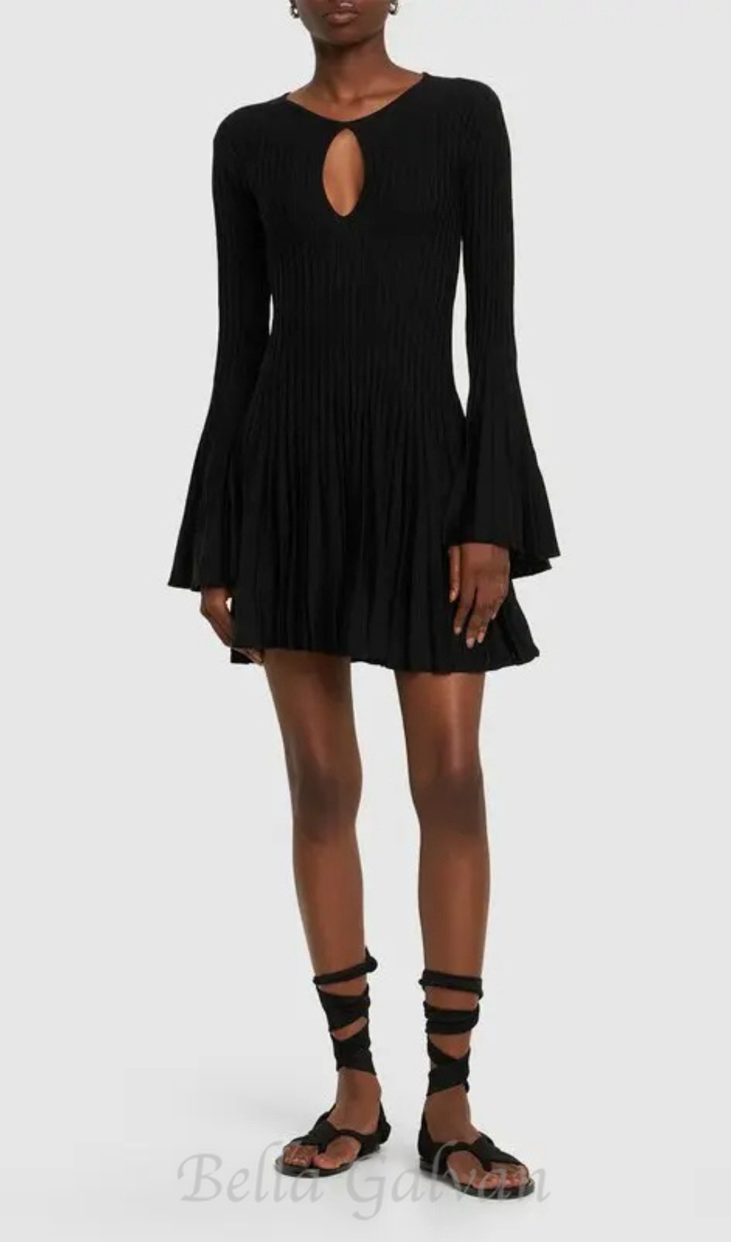 Flowering Girl Women pleated wool knit long sleeve mini dress in black