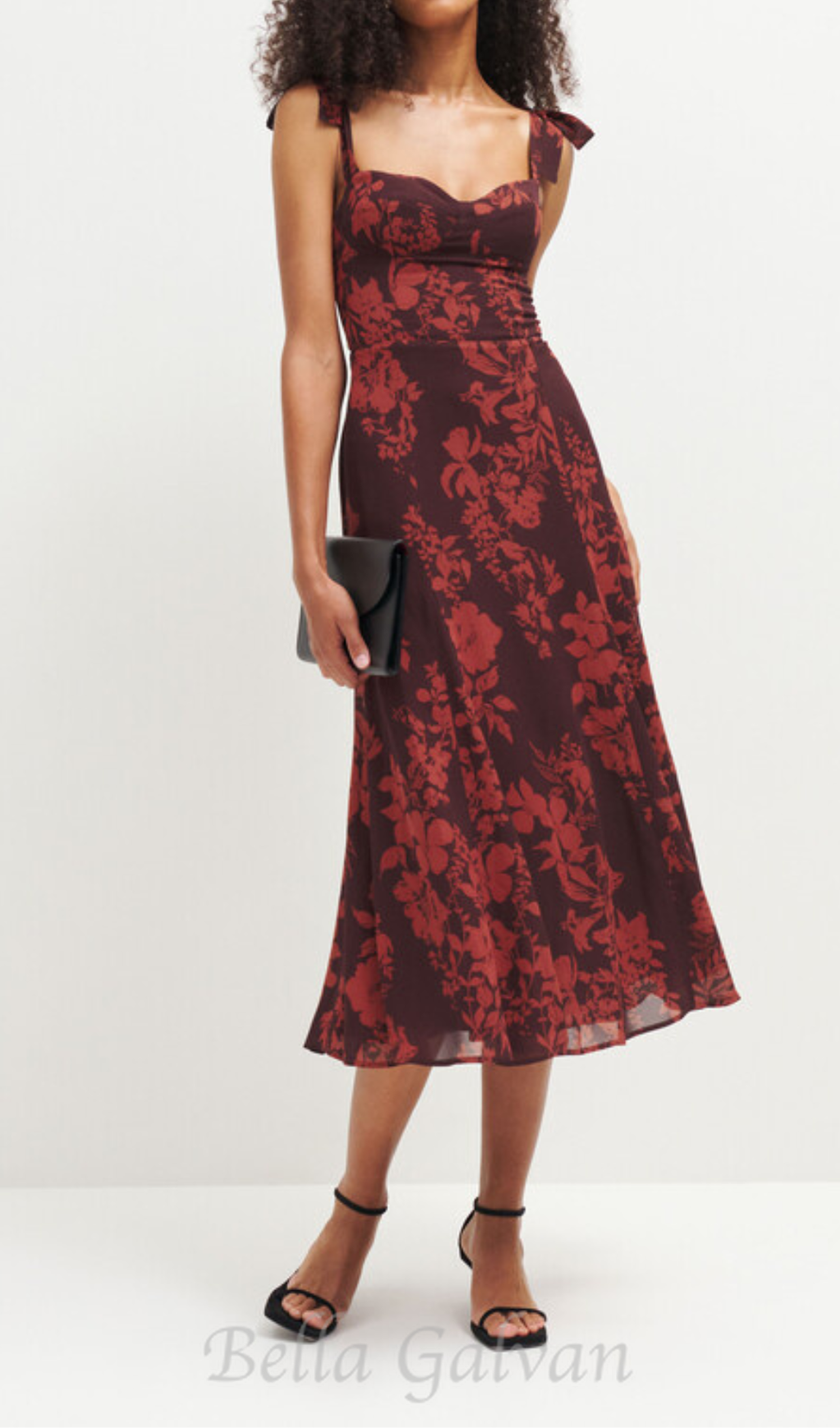 Flowering Girl Women floral print bowknot strap midi dress in burgundy