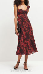 Flowering Girl Women floral print bowknot strap midi dress in burgundy