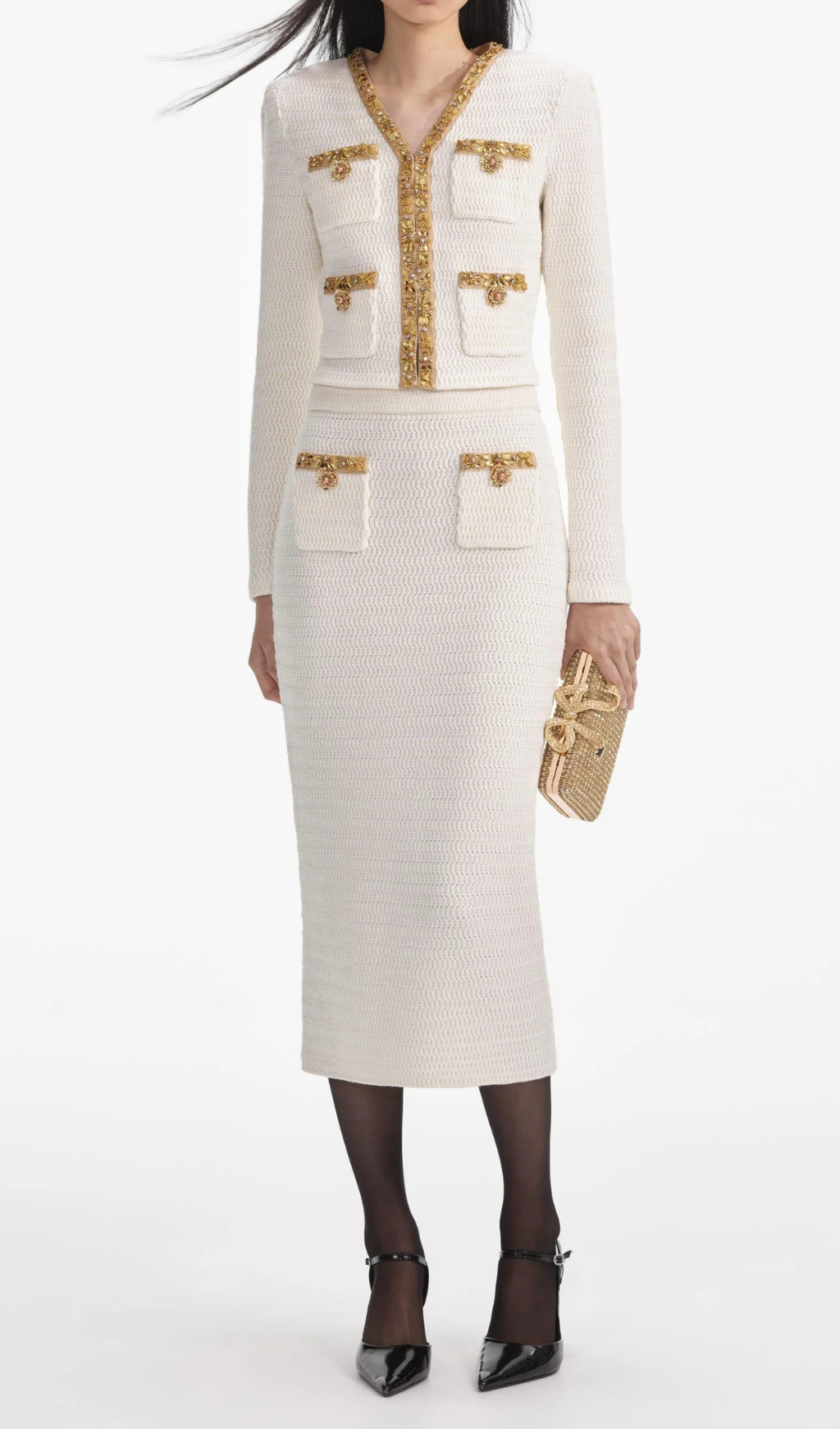 Flowering Girl Women Cream Lurex Knit Midi Skirt
