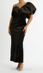 Flowering Girl Women One Shoulder Puff Sleeve maxi Dress in black