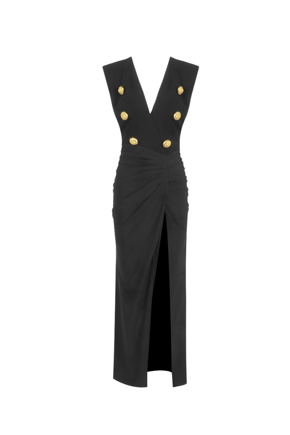 Flowering Girl Women Deep-V Sleeveless Ruched Slit Maxi Dress in black