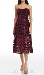 Flowering Girl Women floral print strapless bustier midi dress in burgundy