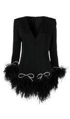 Flowering Girl Women Long Sleeve Bow Crystal Feather Dress