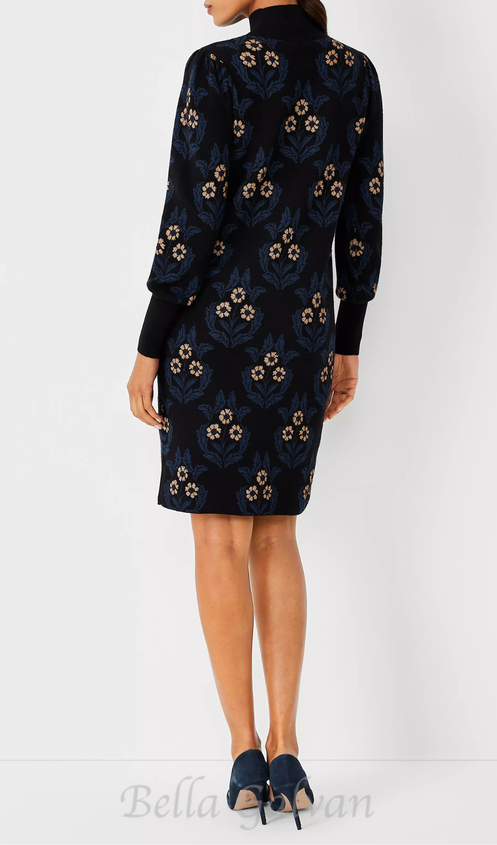 Flowering Girl Women petite floral mock neck sweater dress in black