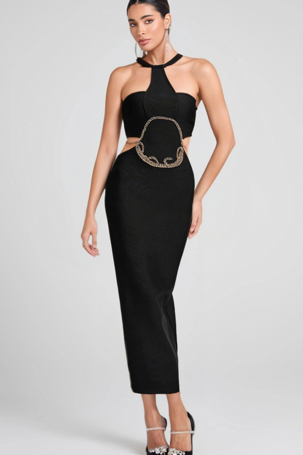 Flowering Girl Women Gold Chain Waist Cutout Bandage Dress