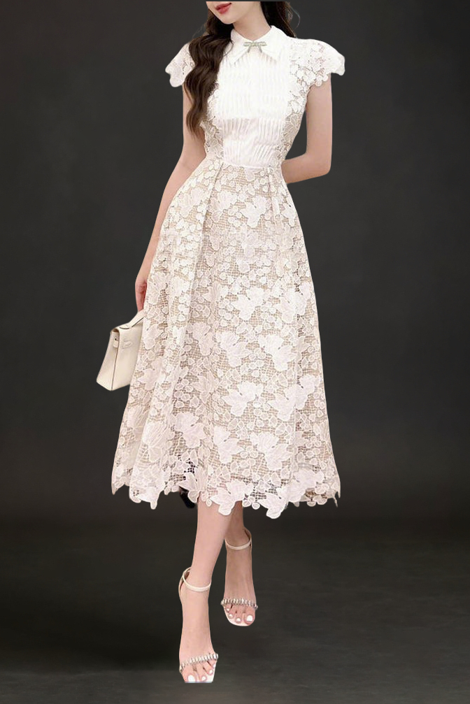 Leila White 3D Flower Embroidery Bow Lace Midi Dress