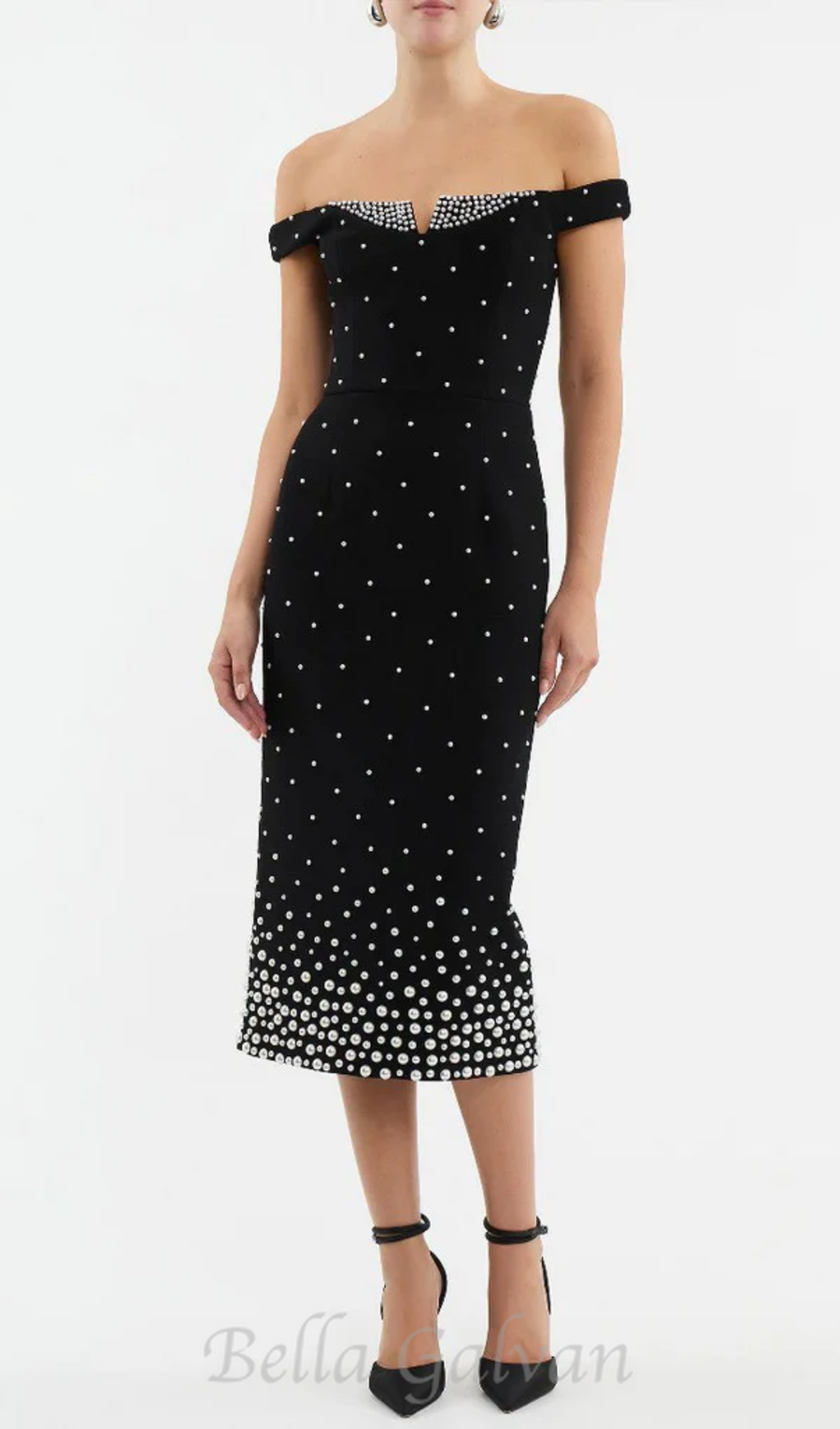 Flowering Girl Women pearl polka dots embellished midi dress in black
