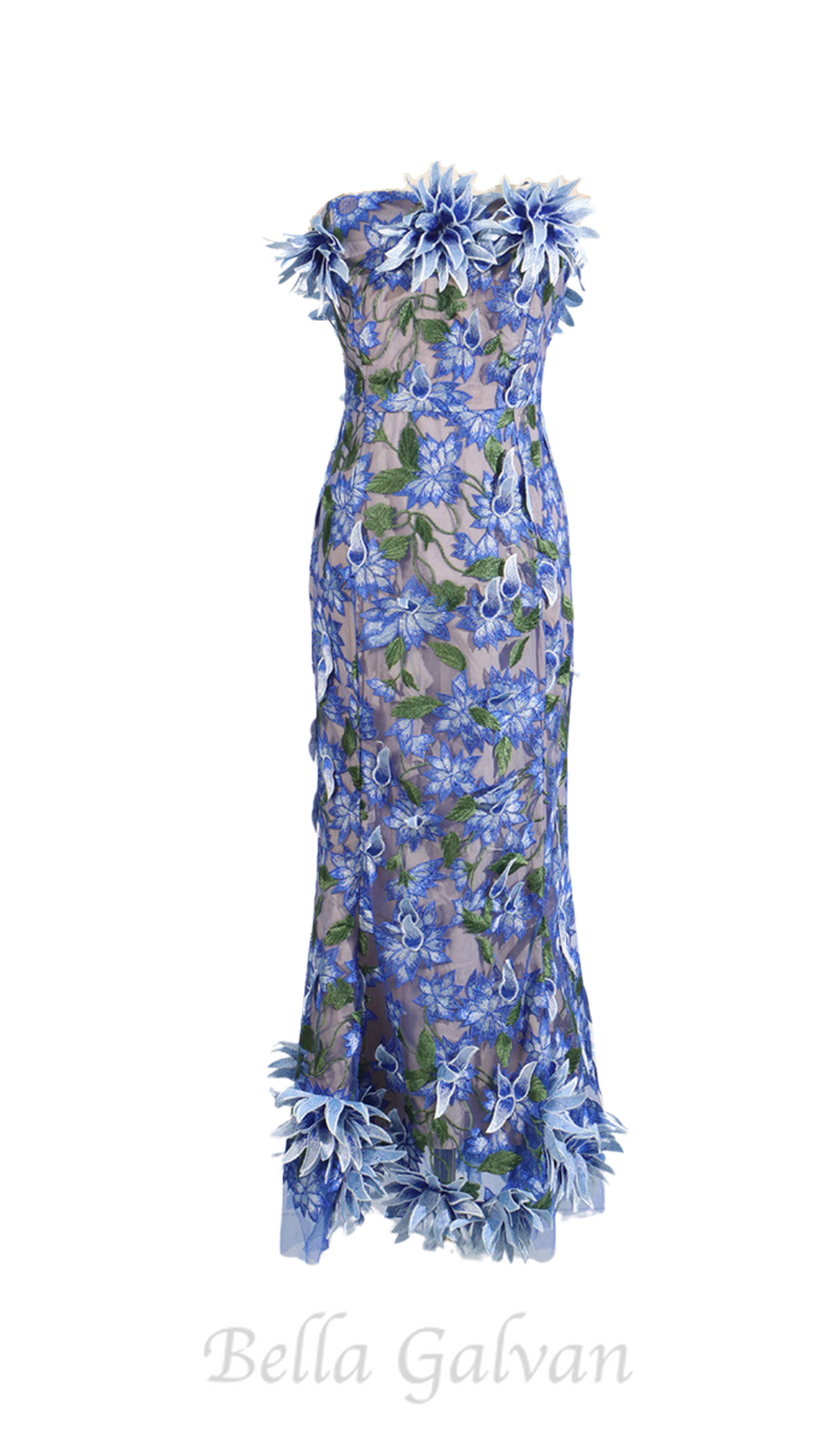 Flowering Girl Women 3D flower embroidery strapless midi dress in blue