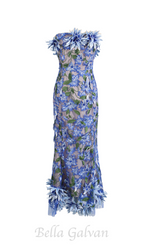 Flowering Girl Women 3D flower embroidery strapless midi dress in blue