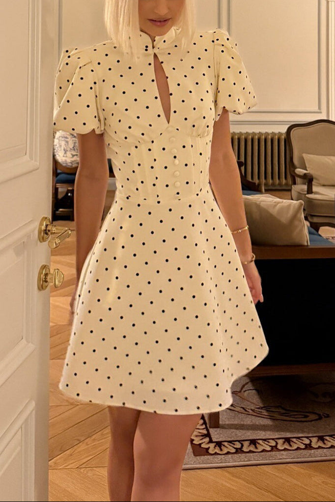 Mock Neck Puff Sleeve Polka Dot Mini Dress