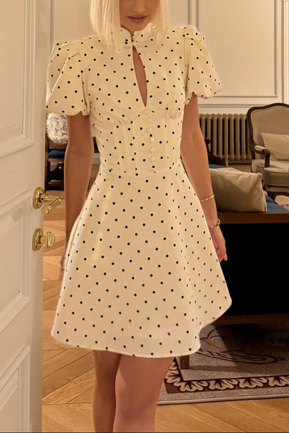 Mock Neck Puff Sleeve Polka Dot Mini Dress