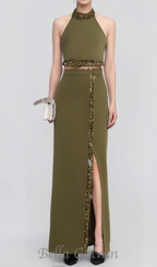 Flowering Girl Women beaded diamond halter top slit skirt suit in green