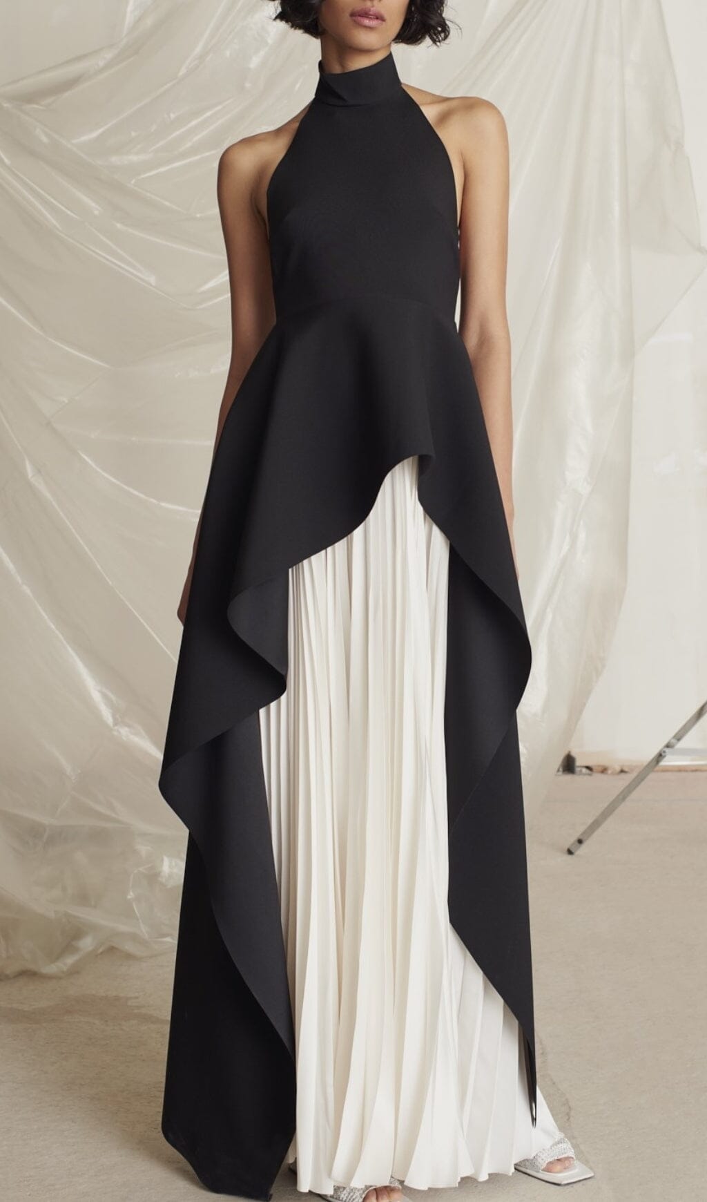 Bandage High Neck Pleated Peplum Maxi Dress