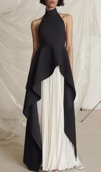 Bandage High Neck Pleated Peplum Maxi Dress