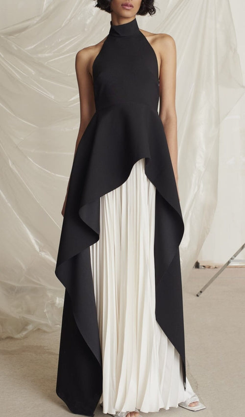 Bandage High Neck Pleated Peplum Maxi Dress