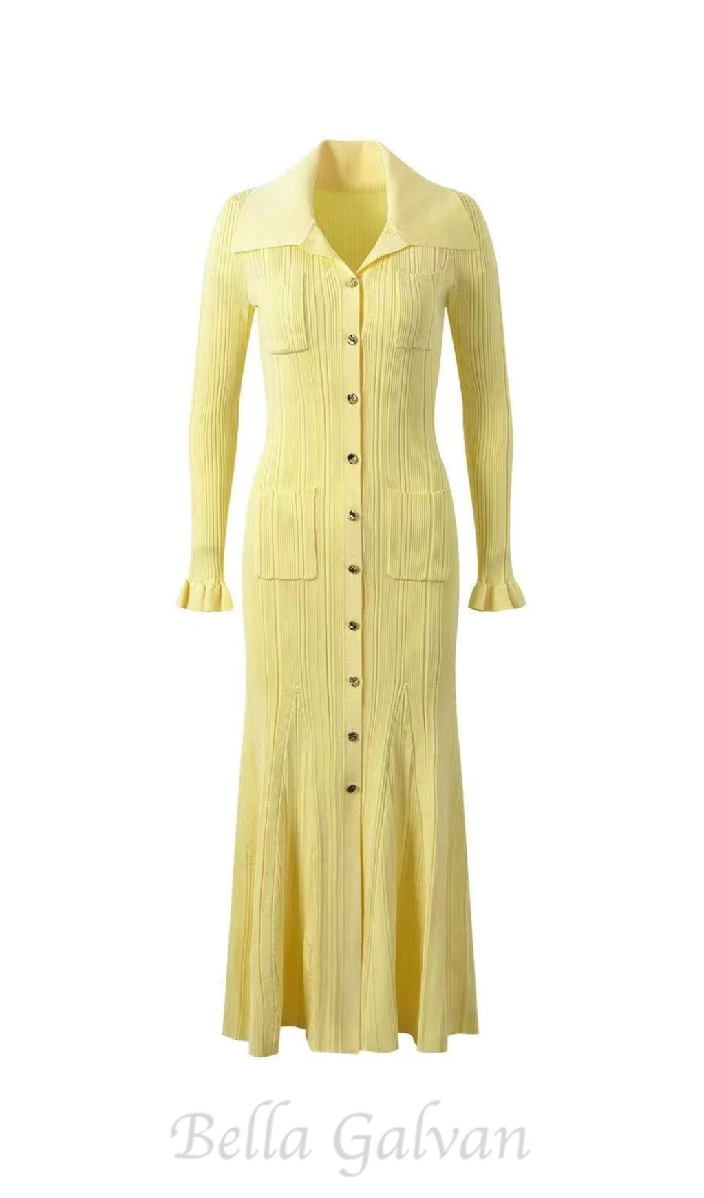 Flowering Girl Women Rib-Knit Fluted Midi Shirt dress in yellow