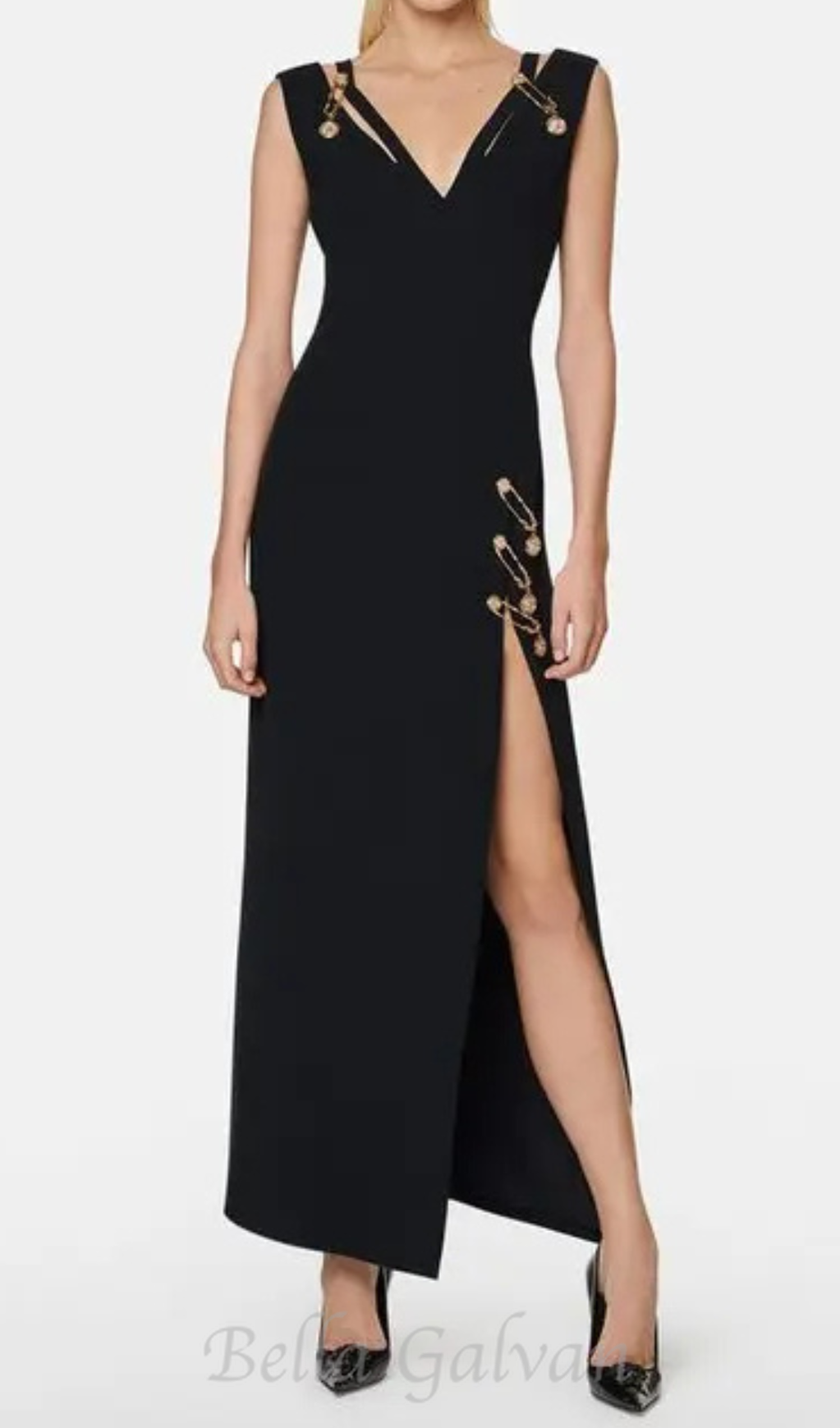 Flowering Girl Women v-neck Pin-embellished maxi Dress in black