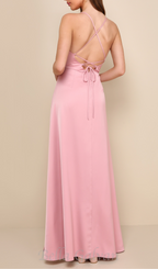 Flowering Girl Women satin pleated lace-up backless maxi dress in pink