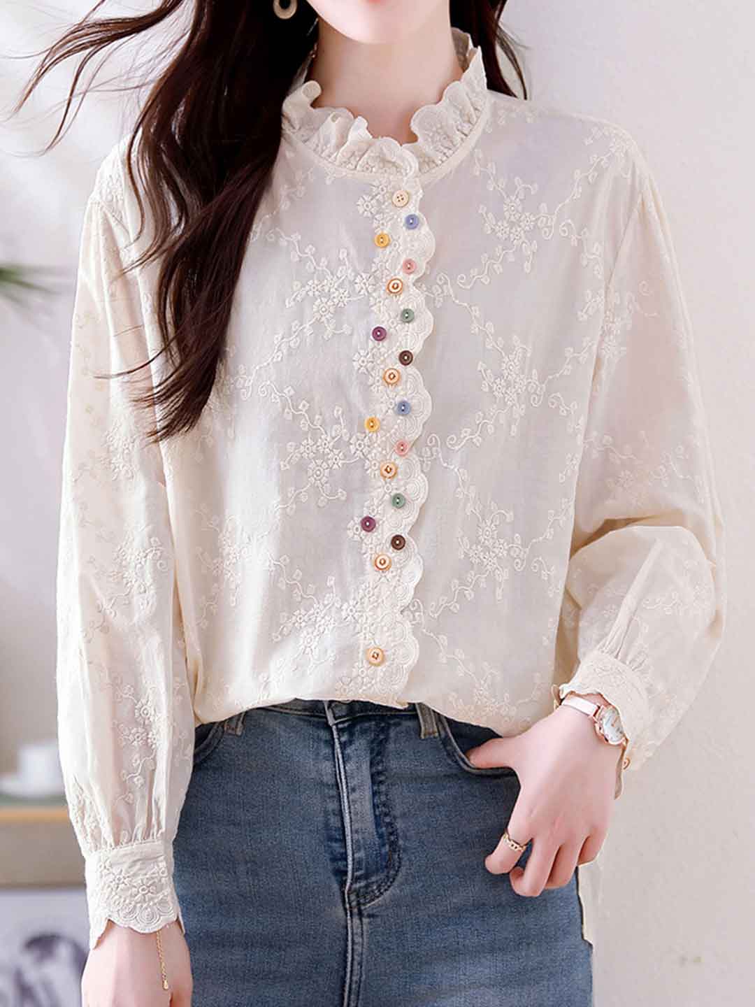 xaviera Classic Ruffle Collar Hollowed Embroidered Top