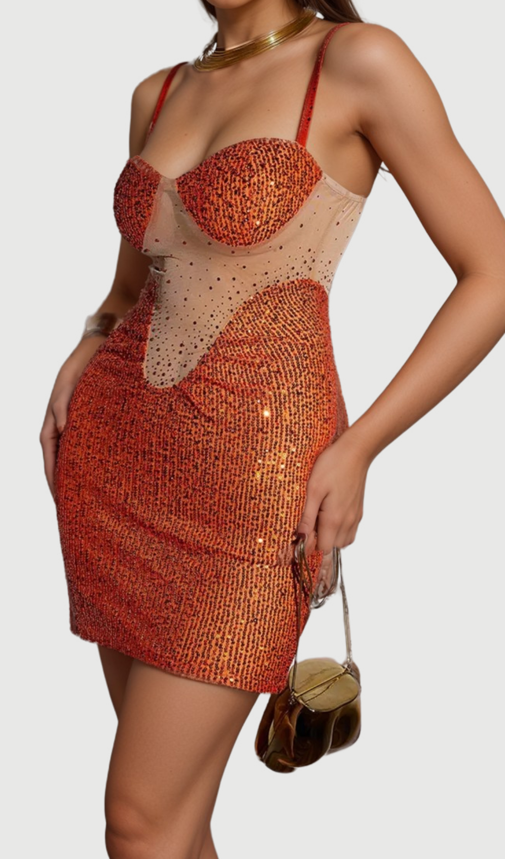 Flowering Girl Women SOPHIA ORANGE SPAGHETTI SEQUIN MINI DRESS