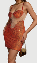 Flowering Girl Women SOPHIA ORANGE SPAGHETTI SEQUIN MINI DRESS