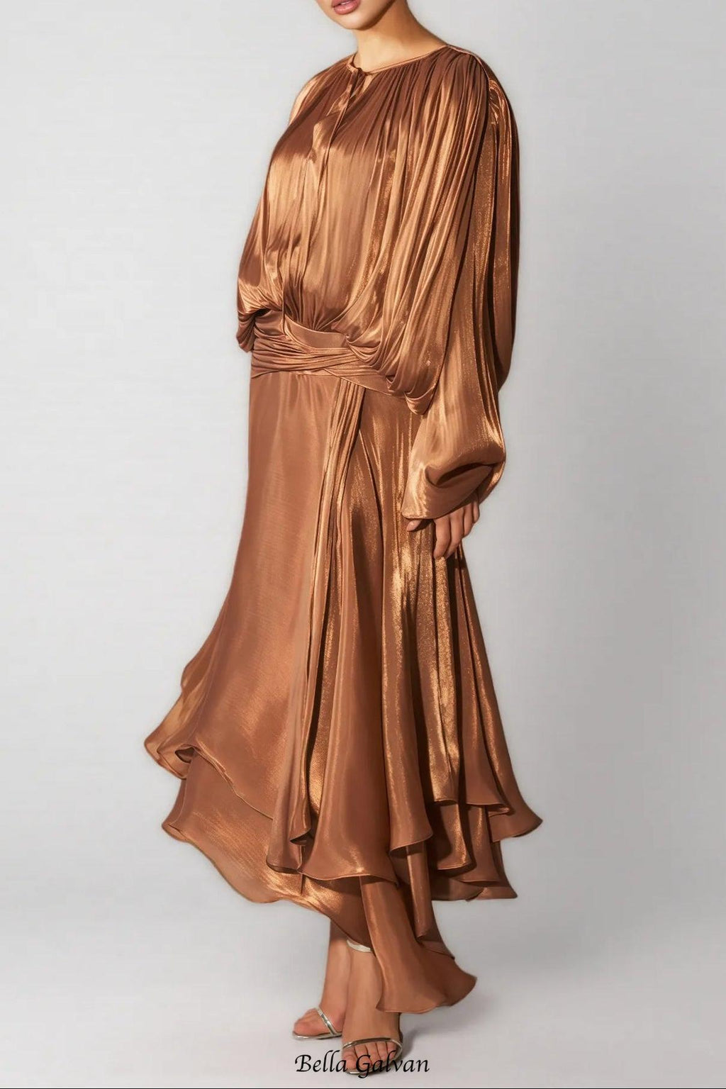 brown Pleated Bodice Draped puff sleeve Maxi Dress