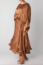 brown Pleated Bodice Draped puff sleeve Maxi Dress