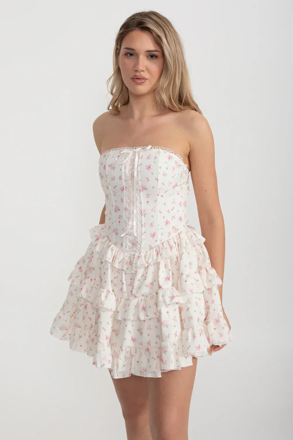 martha Ruffle printed strapless Mini Dress in pink