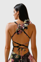 Pera Floral Appliqué Ruffle Mini Dress - Black