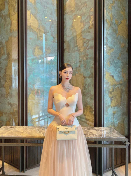 Flowering Girl Women Two-Tone Hollow Tube Top Tulle Midi Dress
